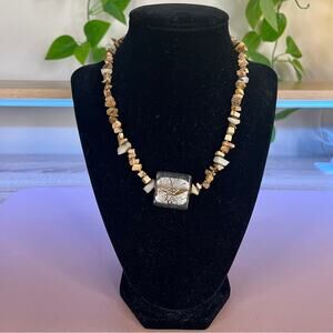 Brown Stone Beaded Glass Shattered Square Pendant Medallion Short Necklace